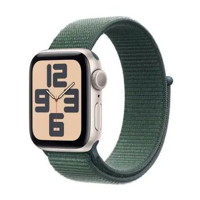 Apple Watch SE (2024), 44 мм корпус из алюминия цвета «Starlight», ремешок Sport Loop цвета «Lake Green»